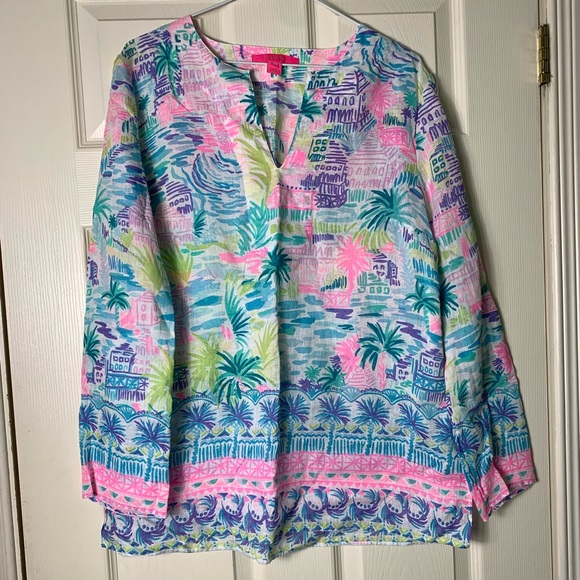 Lilly Pulitzer | Colourful Linen Ocean Cove Tunic Top “Private Island” - Medium - Picture 2 of 7